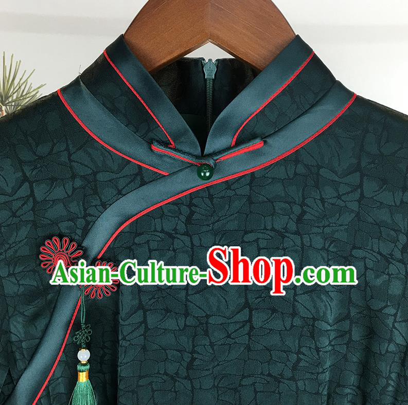 Chinese Classical Young Mistress Cheongsam Traditional Deep Green Silk Qipao Dress Clothing