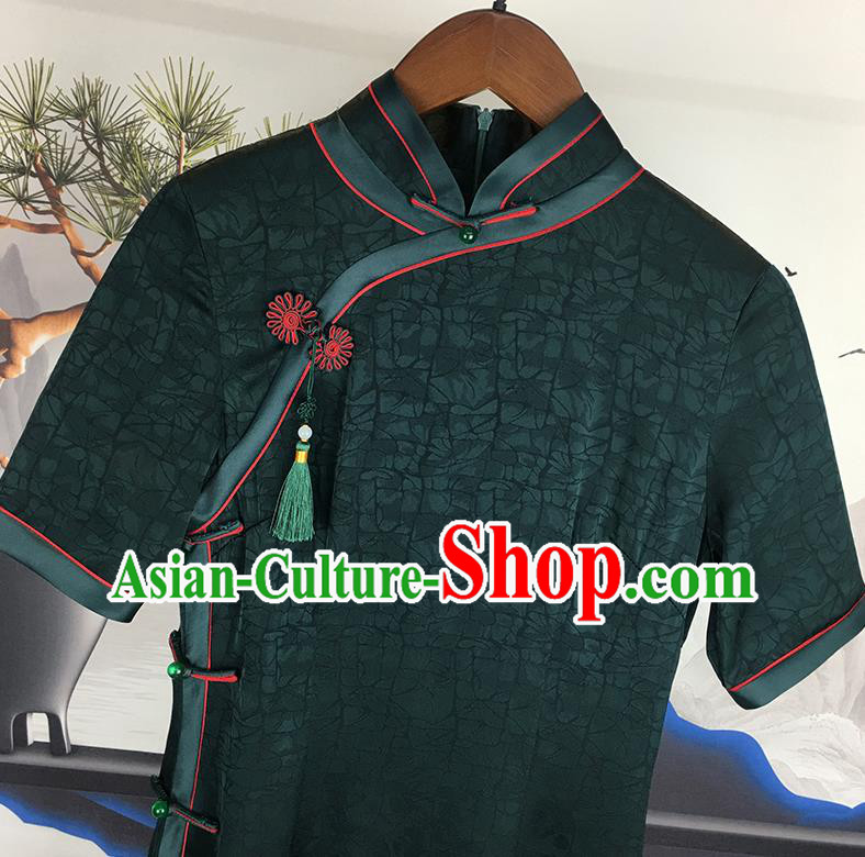 Chinese Classical Young Mistress Cheongsam Traditional Deep Green Silk Qipao Dress Clothing