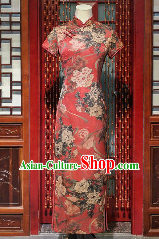 Asian Chinese Traditional Stage Performance Qipao Dress National Young Woman Clothing Classical Printing Peony Red Cheongsam