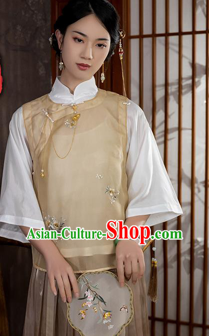 China Traditional Tang Suit Upper Outer Garment National Woman Embroidered Apricot Silk Blouse