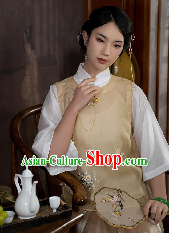 China Traditional Tang Suit Upper Outer Garment National Woman Embroidered Apricot Silk Blouse