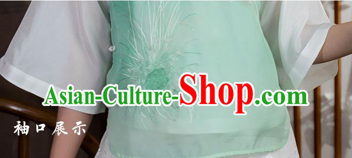 Chinese Traditional National Embroidered Light Green Organdy Vest Costume Women Tang Suit Waistcoat