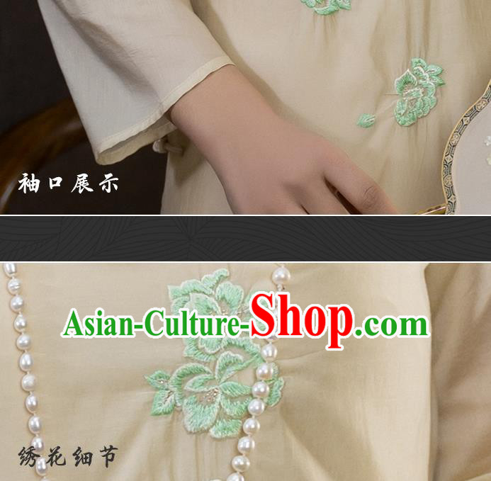 China National Apricot Silk Qipao Dress Clothing Traditional Embroidered Cheongsam