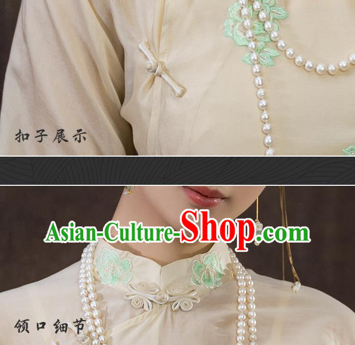 China National Apricot Silk Qipao Dress Clothing Traditional Embroidered Cheongsam