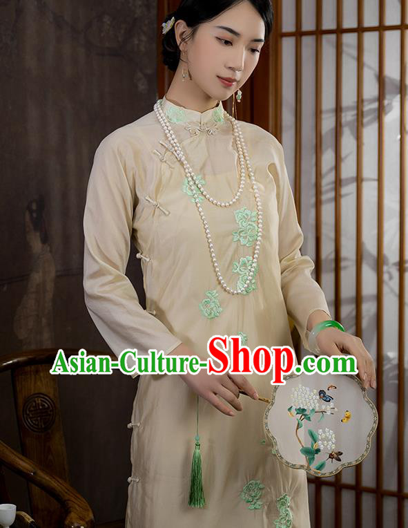 China National Apricot Silk Qipao Dress Clothing Traditional Embroidered Cheongsam