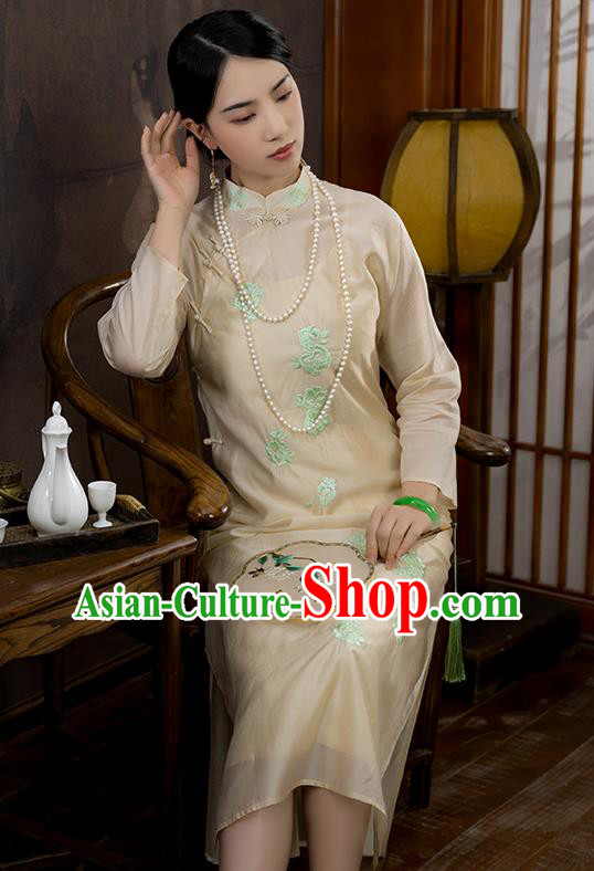 China National Apricot Silk Qipao Dress Clothing Traditional Embroidered Cheongsam