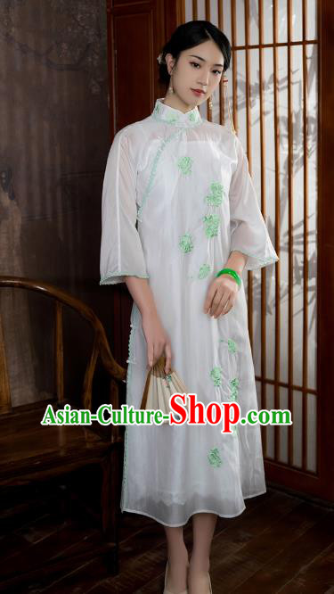 China National Stand Collar Qipao Dress Clothing Traditional Embroidered White Tencel Cheongsam