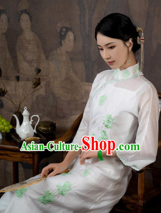 China National Stand Collar Qipao Dress Clothing Traditional Embroidered White Tencel Cheongsam