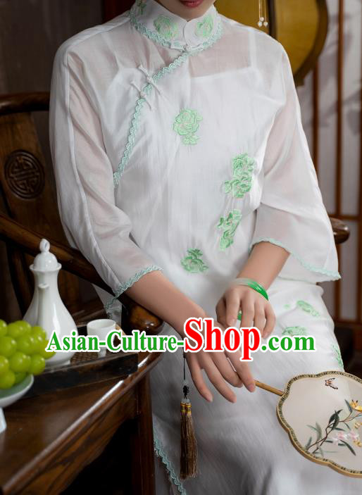 China National Stand Collar Qipao Dress Clothing Traditional Embroidered White Tencel Cheongsam