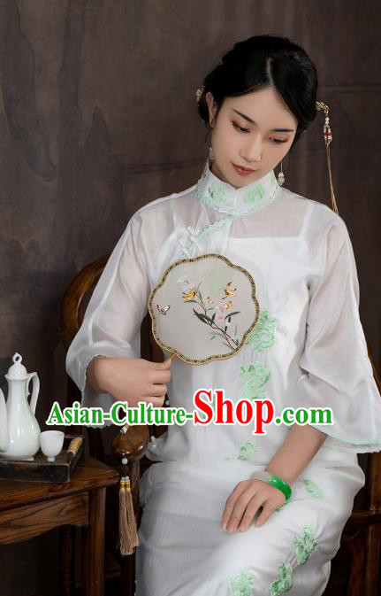 China National Stand Collar Qipao Dress Clothing Traditional Embroidered White Tencel Cheongsam