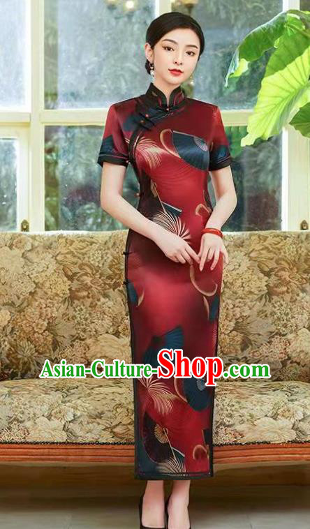 Chinese Stage Performance Cheongsam Costume Modern Printing Red Qipao Dress