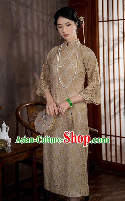 China National Apricot Lace Qipao Dress Clothing Traditional Young Lady Wide Sleeve Cheongsam
