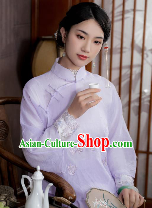 China Traditional Qipao Shirt Upper Outer Garment National Woman Embroidered Lilac Blouse