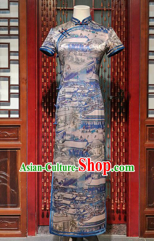 Chinese Classical Printing Brocade Cheongsam Traditional Stage Performance Qipao Dress