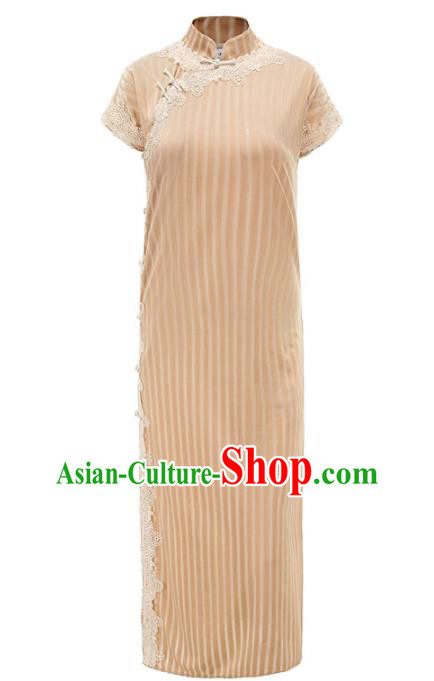 China National Shanghai Beauty Qipao Dress Clothing Traditional Young Lady Light Yellow Velvet Cheongsam