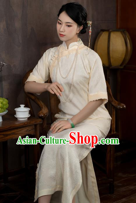 China National Stand Collar Qipao Dress Clothing Traditional Young Lady Beige Long Cheongsam