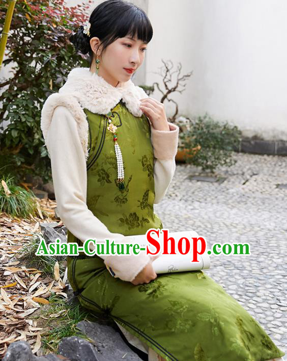 China National Green Silk Sleeveless Qipao Dress Clothing Traditional Winter Cotton Wadded Cheongsam