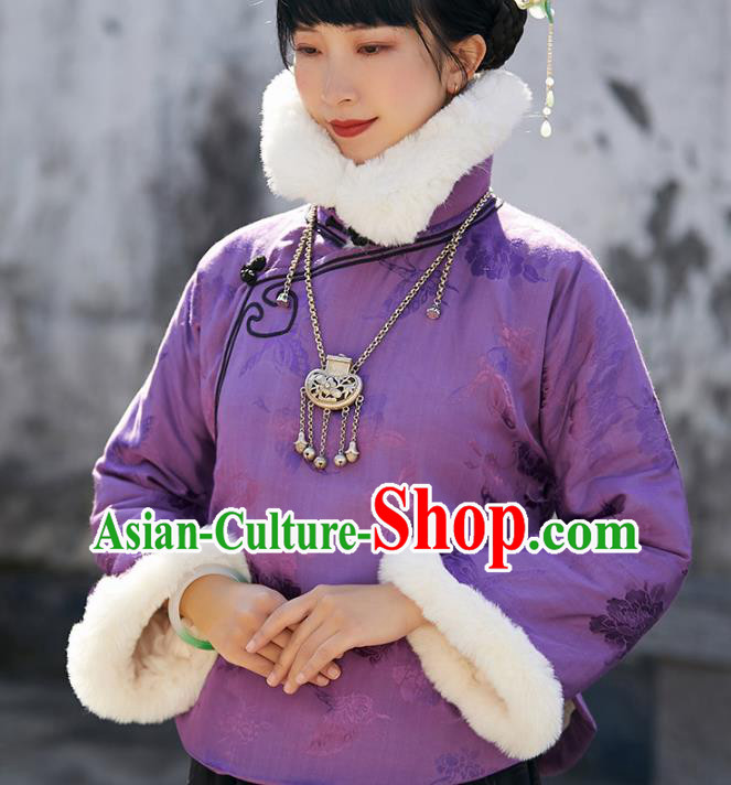 China Traditional Stand Collar Overcoat Outer Garment National Woman Purple Silk Cotton Wadded Jacket