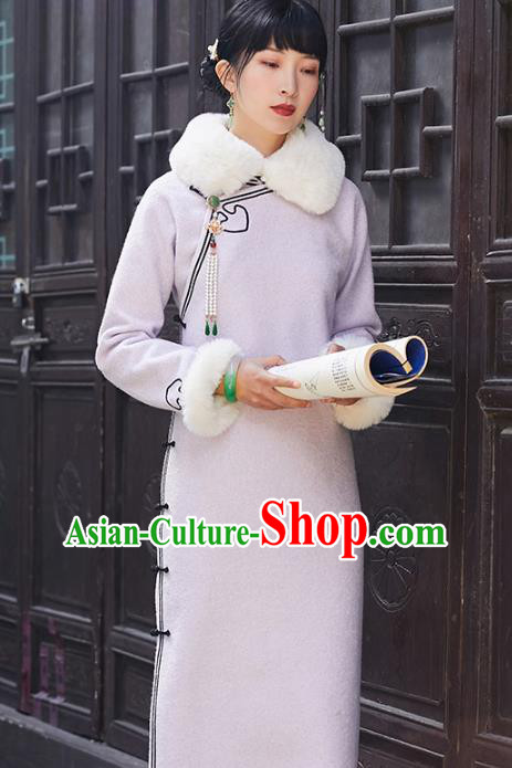 China National Lapel Qipao Dress Clothing Traditional Winter Purple Woolen Cheongsam