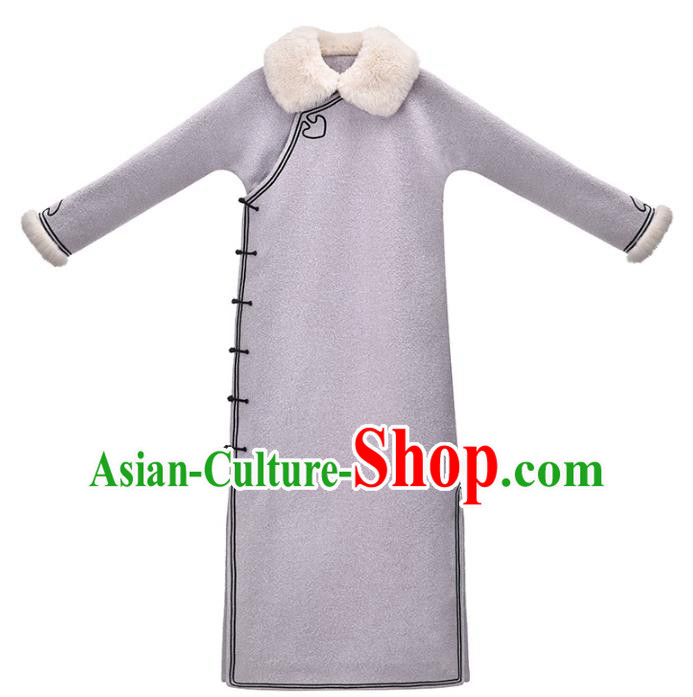 China National Lapel Qipao Dress Clothing Traditional Winter Purple Woolen Cheongsam