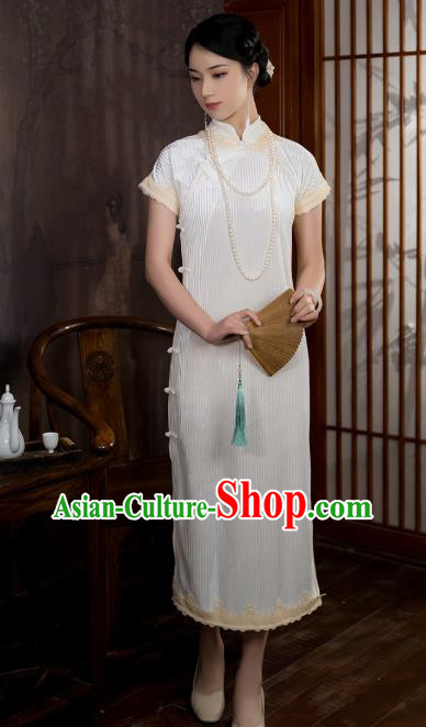 China National Young Lady Qipao Dress Clothing Traditional White Velvet Cheongsam