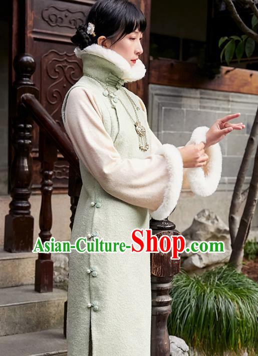 China Traditional Green Woolen Cheongsam National Winter Lapel Long Qipao Dress Clothing