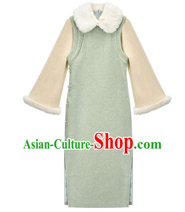 China Traditional Green Woolen Cheongsam National Winter Lapel Long Qipao Dress Clothing