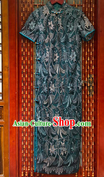 Chinese National Elderly Woman Peacock Green Lace Cheongsam Costume Classical Dance Qipao Dress