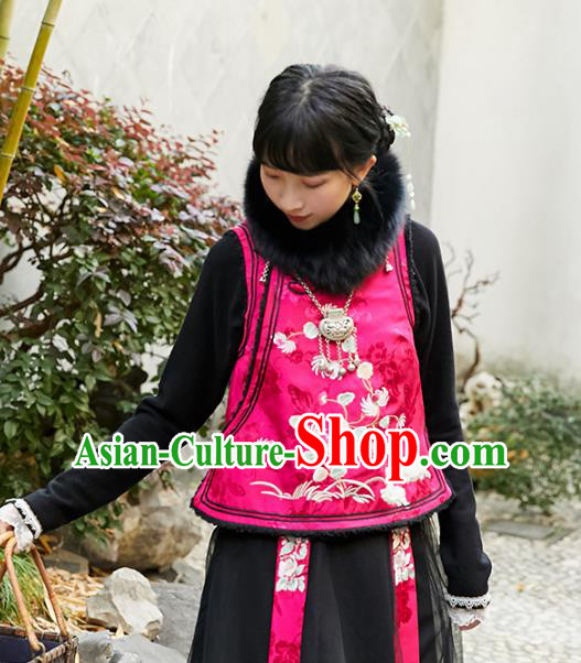 Chinese Traditional Embroidered Lambswool Vest Costume National Women Tang Suit Rosy Silk Waistcoat
