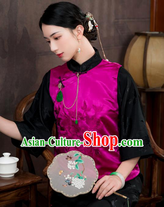 Chinese Traditional Embroidered Rosy Silk Vest Costume National Women Tang Suit Waistcoat