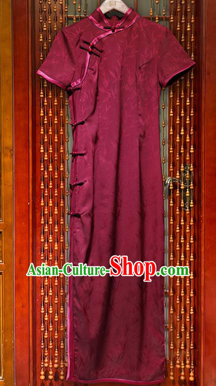 Chinese National Young Lady Cheongsam Costume Classical Jacquard Bamboo Leaf Rosy Silk Qipao Dress