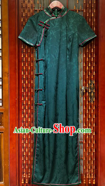 Chinese Classical Jacquard Bamboo Leaf Deep Green Silk Qipao Dress National Young Lady Cheongsam Costume