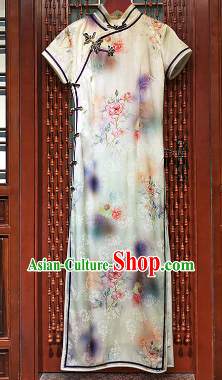 Chinese Classical White Brocade Qipao Dress National Young Lady Printing Silk Cheongsam Clothing