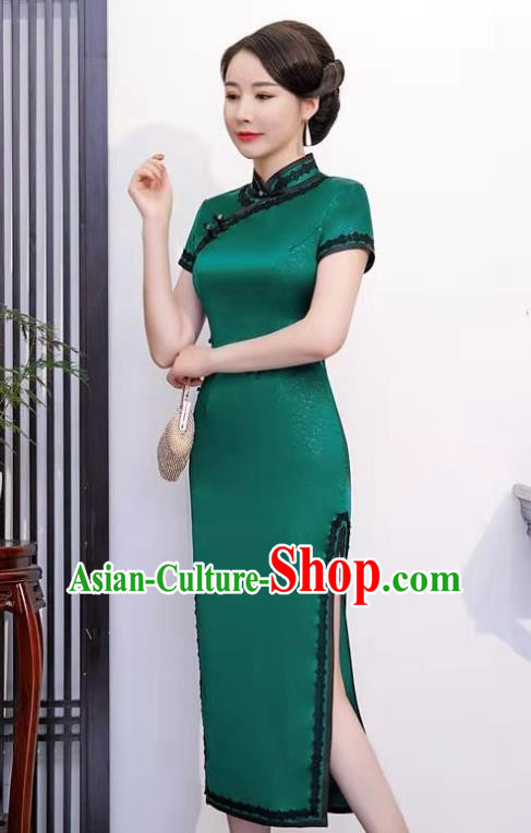 Chinese National Young Woman Cheongsam Party Compere Clothing Stage Show Green Silk Qipao Dress