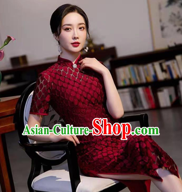 Chinese Modern Wine Red Cheongsam Traditional Wedding Bride Qipao Dress Clothing