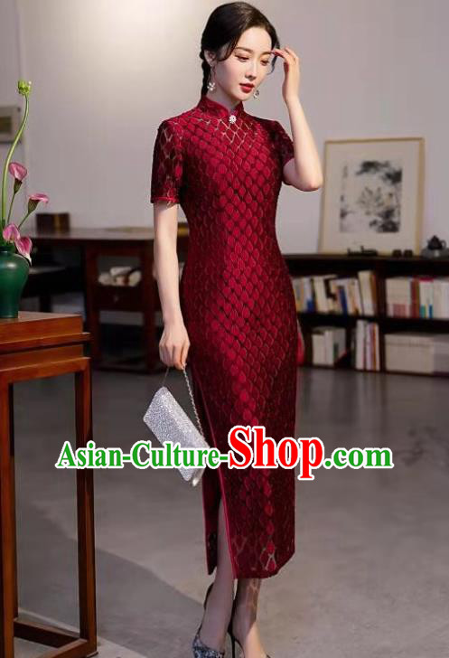 Chinese Modern Wine Red Cheongsam Traditional Wedding Bride Qipao Dress Clothing
