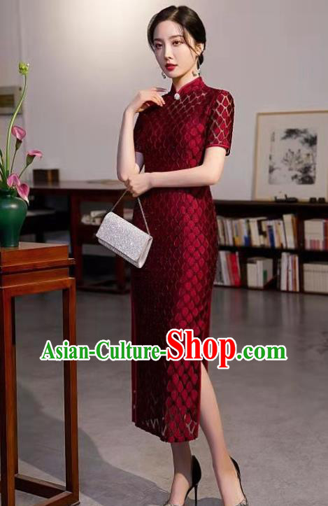 Chinese Modern Wine Red Cheongsam Traditional Wedding Bride Qipao Dress Clothing
