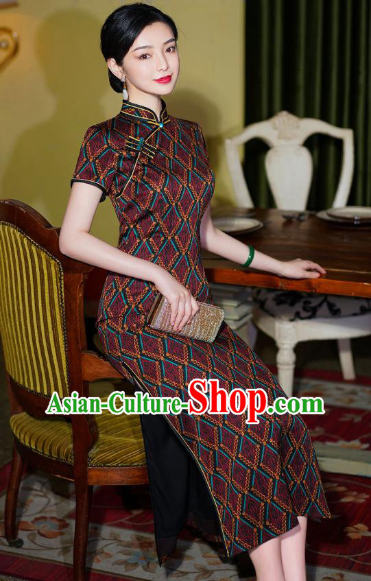 Chinese National Modern Cheongsam Party Compere Clothing Traditional Wine Red Qipao Dress