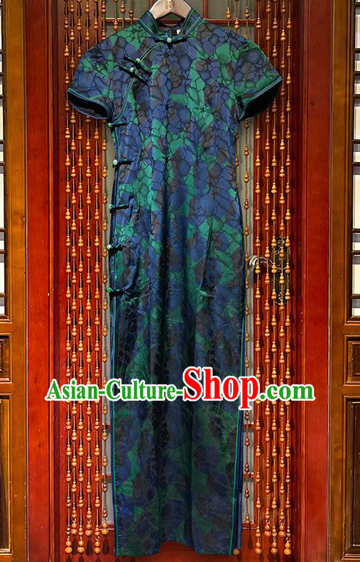 Chinese Traditional Blue Qipao Dress National Modern Compere Cheongsam Stage Show Clothing