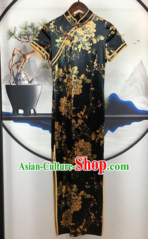 Chinese National Compere Cheongsam Dress Classical Dance Clothing Traditional Printing Peony Black Silk Qipao