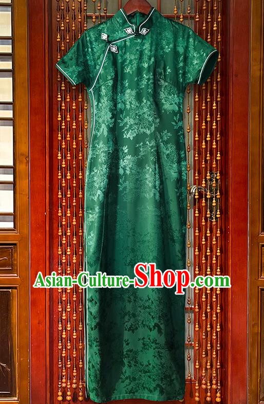 Chinese National Green Brocade Cheongsam Dress Classical Dance Clothing Traditional Jacquard Silk Qipao