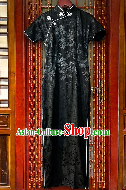 Chinese Traditional Jacquard Silk Qipao National Black Brocade Cheongsam Dress Classical Show Clothing
