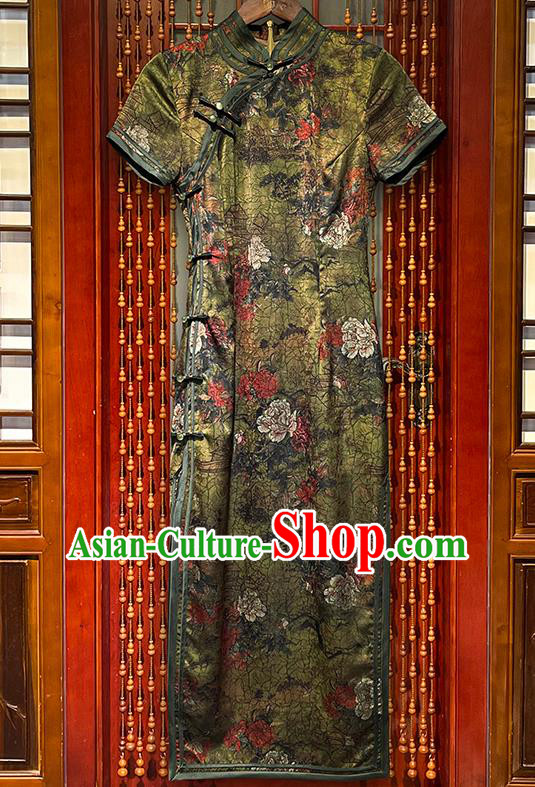 Chinese Stage Show Clothing Traditional Silk Qipao National Printing Peony Olive Green Cheongsam Dress