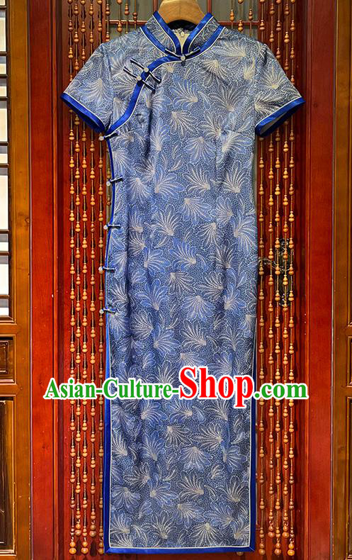 Chinese Party Compere Clothing National Woman Cheongsam Dress Traditional Blue Satin Qipao