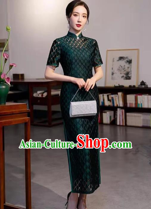 Chinese Traditional Compere Qipao Dress Clothing Modern Deep Green Cheongsam