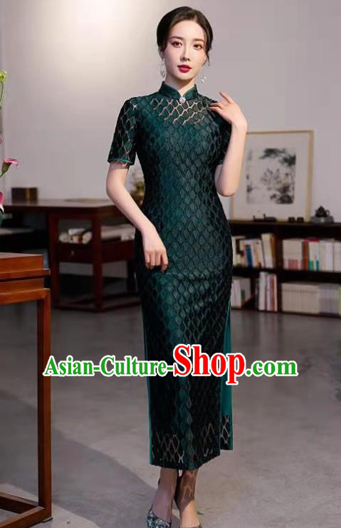Chinese Traditional Compere Qipao Dress Clothing Modern Deep Green Cheongsam
