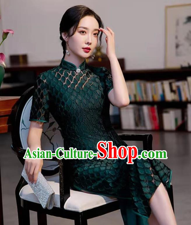 Chinese Traditional Compere Qipao Dress Clothing Modern Deep Green Cheongsam
