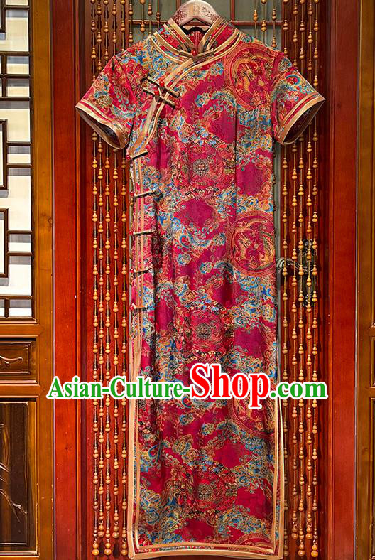 Chinese National Woman Clothing Traditional Printing Dragon Phoenix Rosy Cheongsam Stand Collar Qipao Dress Clothing