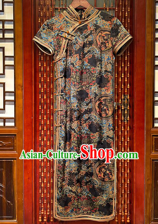 Chinese Traditional Printing Dragon Phoenix Black Cheongsam Stand Collar Qipao Dress National Woman Clothing
