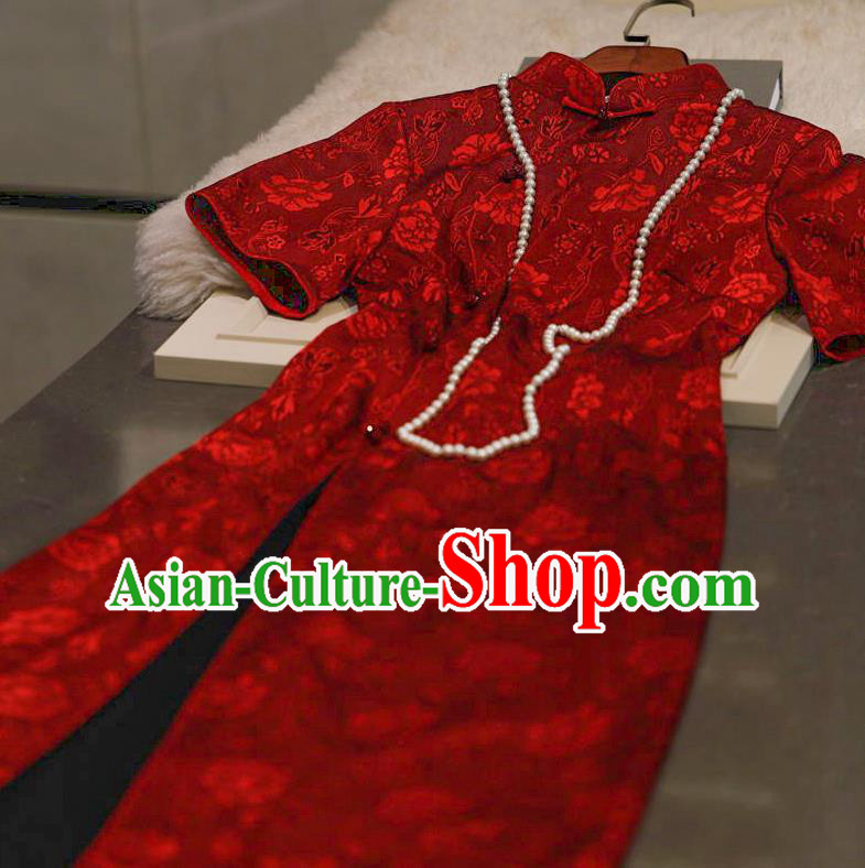 Chinese Traditional Wedding Qipao Dress Clothing Bride Red Velvet Cheongsam